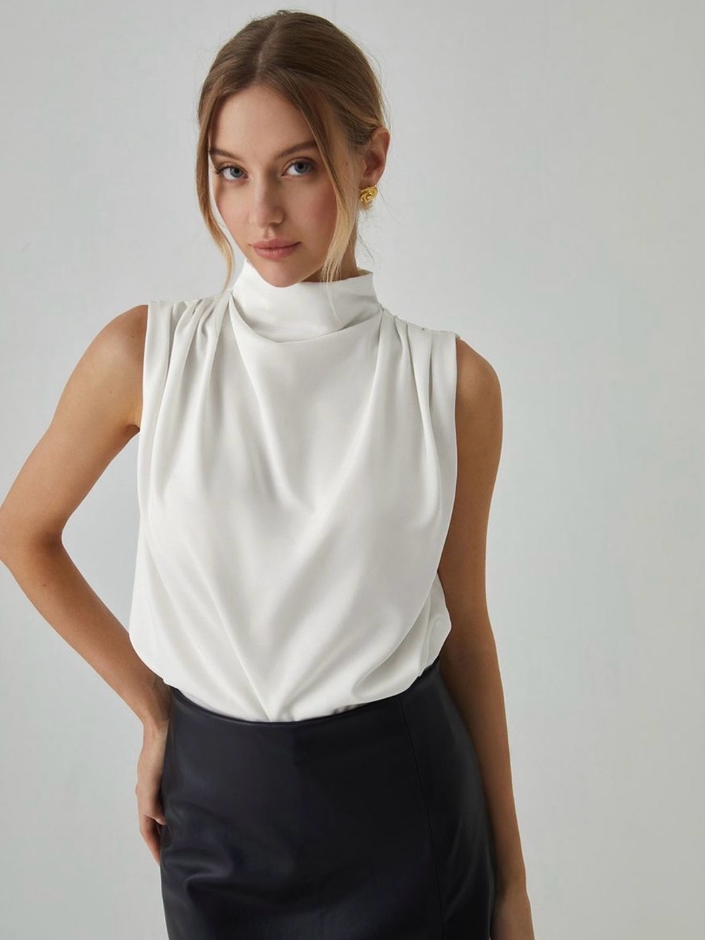 Commense White Sleeveless Mock-Neck Satin Camisole